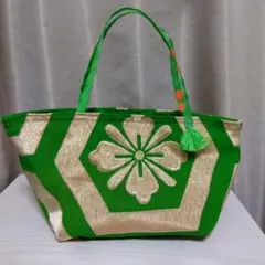 帯リメイク花模様トートバッグ 緑と金