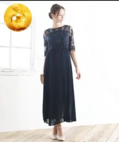 Dorry Doll模様柄刺繍レース使い プリーツ加工ミモレ丈ワンピースドレス