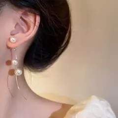 【新品】パール ロングピアス 揺れる 韓国 上品 結婚式 ゴールド