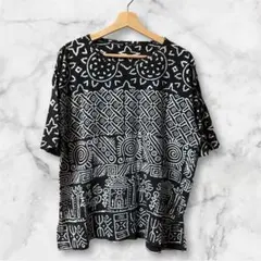 メンズTシャツ 90s エスニック アート 総柄 綿 黒 M モード 古着