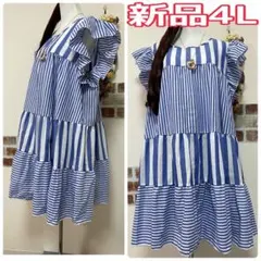 大きいサイズ☆新品4L☆袖フリル♪ストライプ柄ティアードチュニックワンピース☆