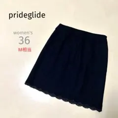 【プライドグライド】オンワード黒ブラックミニスカート36Mレーストリム裾レース