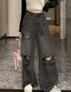 ウィメンズ ポケット付き ワイドレッグ ダメージ加工デニム ライトグレー