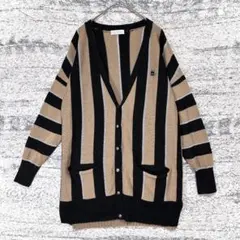 イーハイフンワールドギャラリー ストライプ Vネックロングカーディガン 猫 秋冬