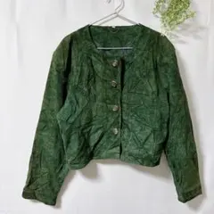 本革 スエードジャケット深緑 ノーカラー ヴィンテージ レトロレディース1点物