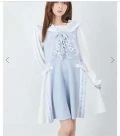 美品 アンクルージュ M セーラーカラー ワンピース リボン レースライトブルー