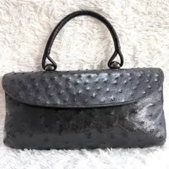 美品 濱野 HAMANO ロイヤル ハンドバッグ オーストリッチ ブラック 黒珠