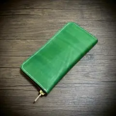 総手縫い 長財布 フルレザー 本革 牛革 ヌメ革 革財布 グリーン 緑