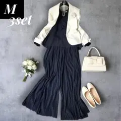 美品 セレモニーママスーツ3点M ペプラムツイード×プリーツワイド 卒業式入学式