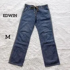EDWIN デニムパンツ ロールアップ可 紐付きウエスト 綿 麻 ブルー M