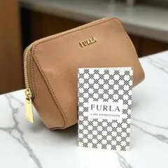美品　フルラ　化粧ポーチ　ベージュ　サフィアーノレザー　ゴールド金具