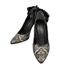 【美品】DIANA ブラックレース　リボン　ハイヒール　24.5cm