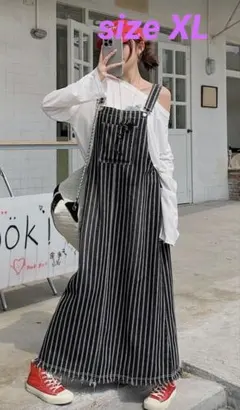 ストライプが可愛い♪ デニム　サロペット　　ワンピース　XL