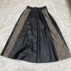 【美品】異素材切り替え ロングスカート フェイクレザー × チェック柄 Lサイズ
