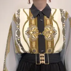 グレー系 王朝 スカーフ柄 ヴィンテージ 総柄シャツ メンズにも ゆったりのサムネイル
