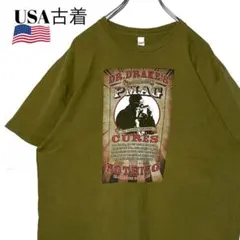 90s USA古着 グラフィックデザインTシャツ カーキ緑 L レトロtシャツ