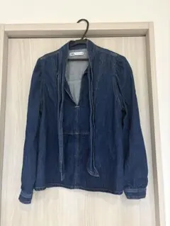 ZARA デニムブラウス ボウタイ パフスリーブ Mサイズのサムネイル