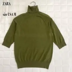 ZARA タートルネックニット M オリーブグリーン 5分袖 ハイネック