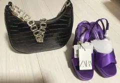 新品未使用ZARA パープル サテンヒールサンダル 22cm~タグ付保存袋付