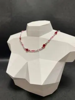 ハンドメイド ビーズネックレス レッド系