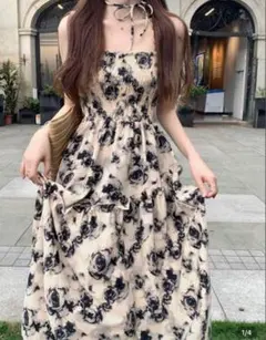 SHEIN フローラルプリント ノースリーブ ウエストデザインスリップワンピース