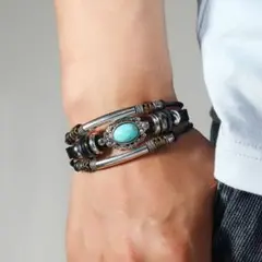 【訳あり】ターコイズ ブレスレット レザー 黒 アメカジ バングル