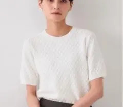 オペークドットクリップ 柄編みハーフスリーブニット【洗濯機洗い可】ホワイトL