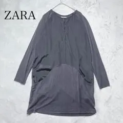 ZARA WOMAN 切替ワンピースM 黒 サテン×ジャージー コクーンバルーン