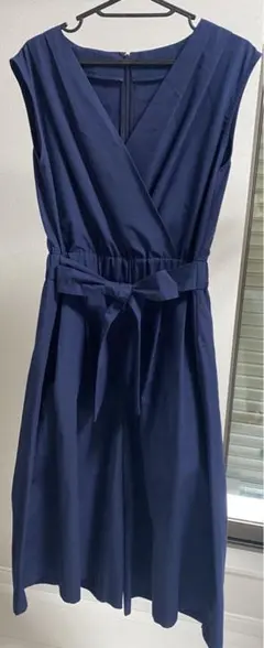 ネイビー ラップドレス ウエストリボン付き