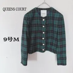 クイーンズコート ノーカラージャケット 9号 M サイズチェック柄 パールボタン