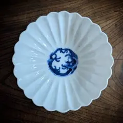 明治伊万里 清朝写 染付菊弁小鉢 丸龍文 骨董 金継ぎ　ニ号