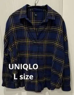 UNIQLO ユニクロ チェック柄 長袖シャツ ネイビー系　L size