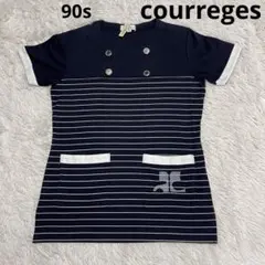 レア美品 クレージュ 90s 厚手ボーダー トップス デカロゴ刺繍 ポケット付のサムネイル