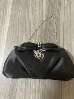 リボン付きビジュー装飾ブラックパーティーバッグ