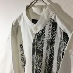 【個性派古着】日本製　長袖デザインシャツ　異素材ミックス　豪華刺繍入 花柄　M