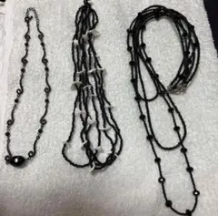 ブラック ネックレス 3点セット黒3 連貝シェルビーズ ストーン