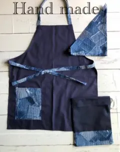 値下げハンドメイド エプロン&三角巾&巾着3点 パッチワーク　デニム150cm