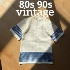 80s 90s ビンテージ　サマーニット　ホワイト　ブルー　半袖ニット　古着