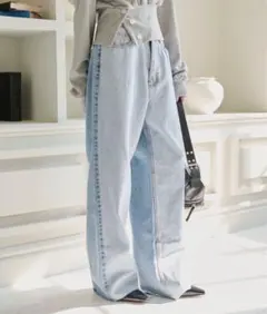 UNE MANSION バイカラーカットオフストレートデニムパンツ ブルー 韓国