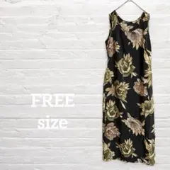 海外古着♡【FREE】黒、花柄フローラルノースリーブロングワンピース