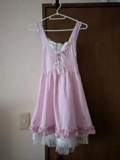 TRALALA ピンク×白ストライプレースアップフリルリボンワンピース ※訳あり