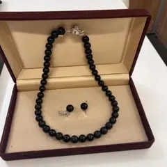 黒天然石 ネックレスイヤリングセット ケース付 フォーマル 冠婚葬祭 オニキス風