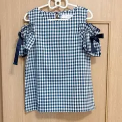 toccocloset ネイビー ギンガムチェック リボン オープンショルダー