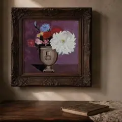 『ダリアと銅の花器』静物画 アクリル画 手描き ハンドメイド フレーム付