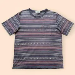 クロコダイル 半袖 ボーダー ポケット Tシャツ ロゴタグ 刺繍デザイン L