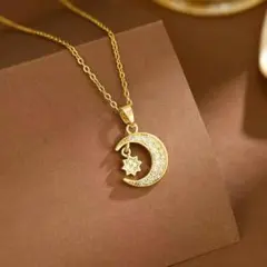 N-146 月×星ネックレス チタン製 ジルコニア ゴールド 上品可愛い