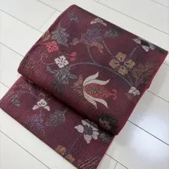 ■C357■ 상태좋음 ■正絹■葡萄色 ふくれ織り ラメ 花模様 袋帯■洒落袋帯