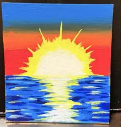 夕日と海 手描きイラスト 原画 ミニ色紙 一点物