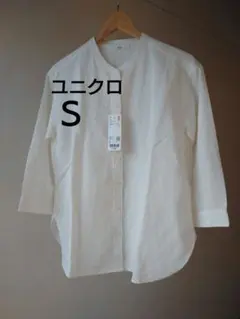 【新品】ユニクロ リネンブレンドバンドカラーシャツ(七分袖) Ｓ オフホワイト