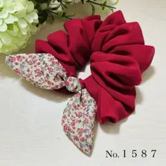 リボンシュシュ 花柄 赤 ピンク ハンドメイド No.1587